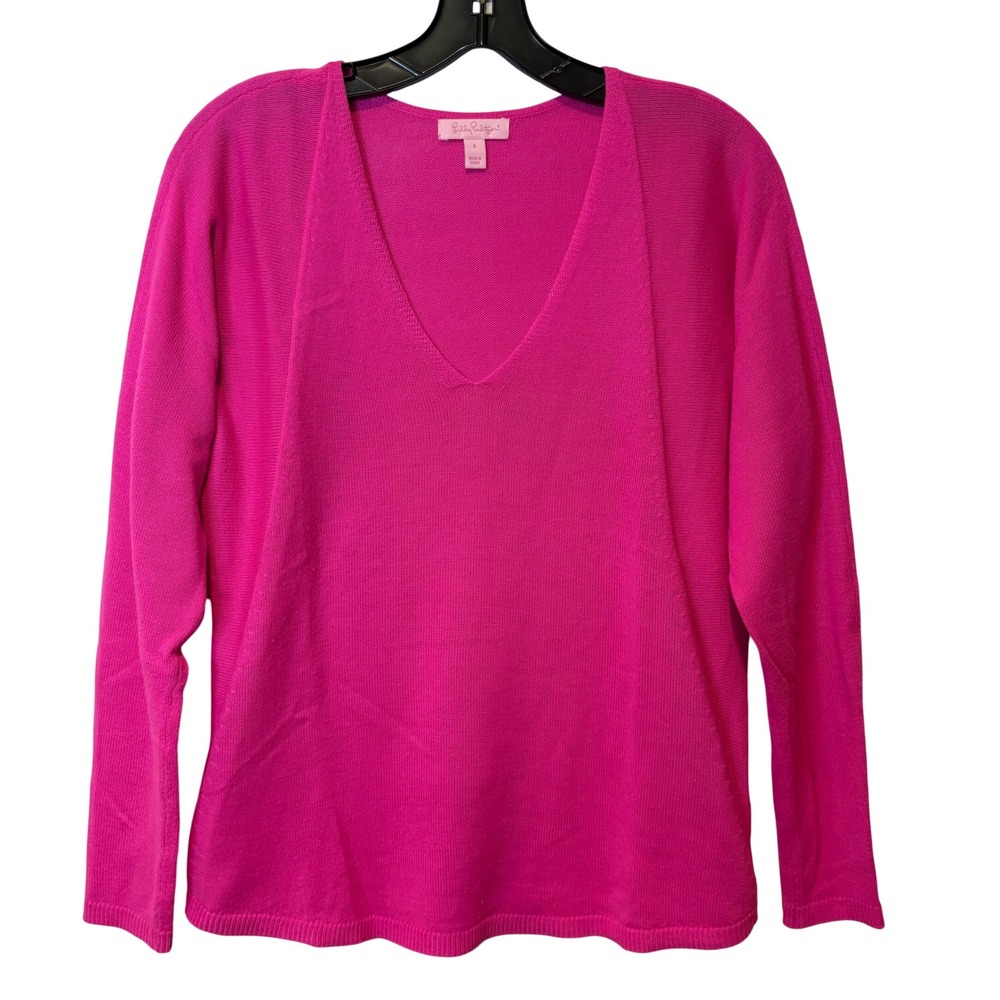 Lilly Pulitzer V Neck Long Sleeve Pullover Sweater Hot Pink Knit Size S - Picture 1 of 9
